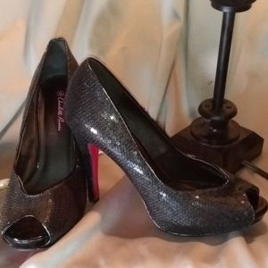Black Sequin with Hot Pink Bottom Heel size 9